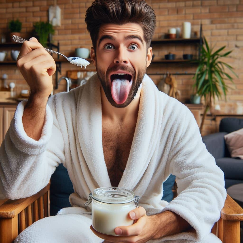 How To Clean Your Tongue - A man shows tongue cleaning by oil pulling method