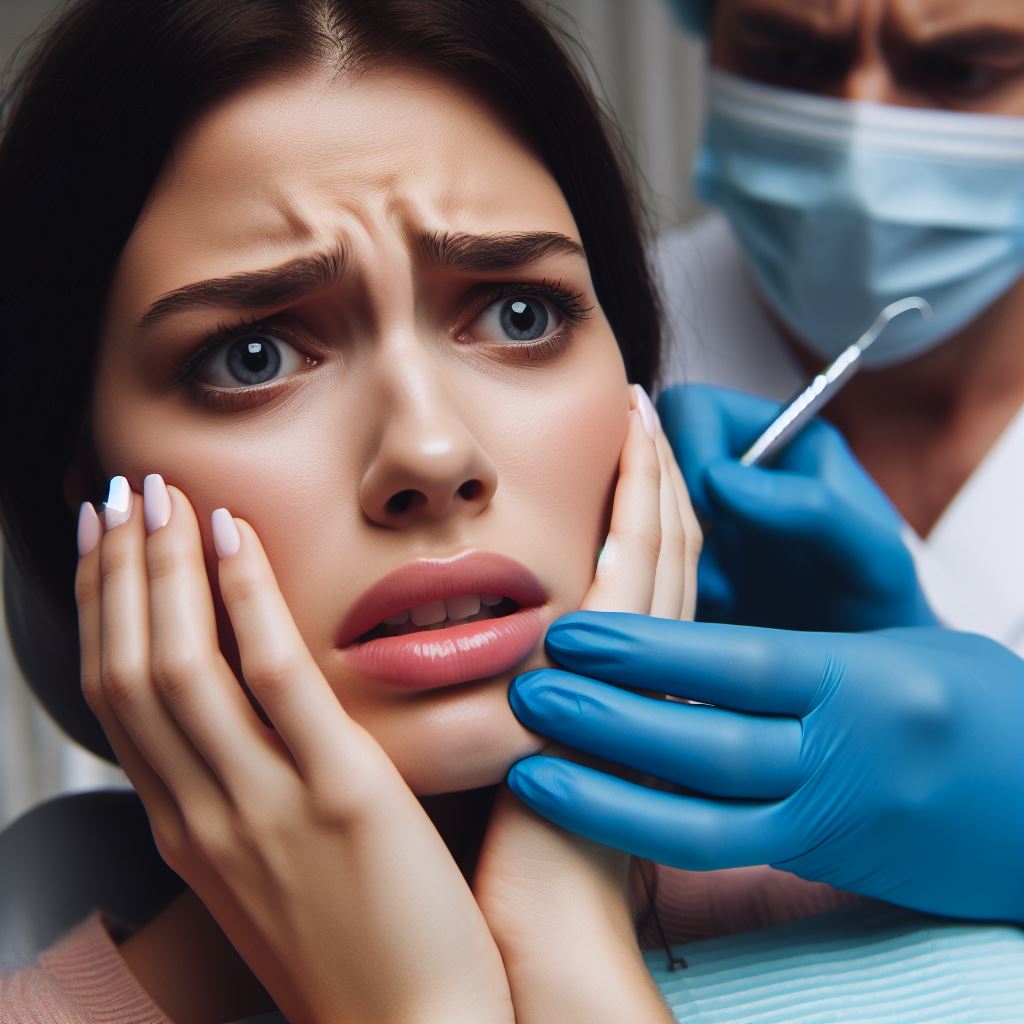 dental anxiety - an anxious woman at the dentist clinic